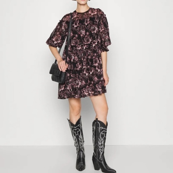 Ted Baker Dresses & Skirts - Ted Baker Mini Dress Size 8 Barnabe Black Floral Tiered Flounce Boho 3/4 Sleeves